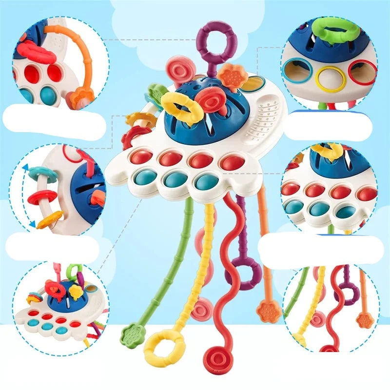 Chocalho de Desenvolvimento Montessori: Brinquedo de Silicone com Corda para Bebês de 6 a 12 Meses